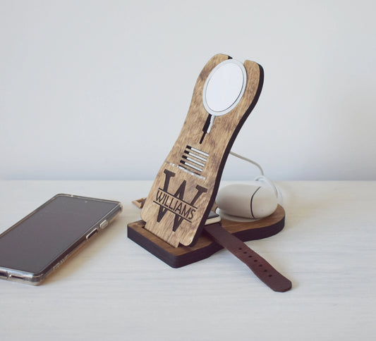 Smartphone stand with a smartwatch charger and 2 MagSafe chargers
