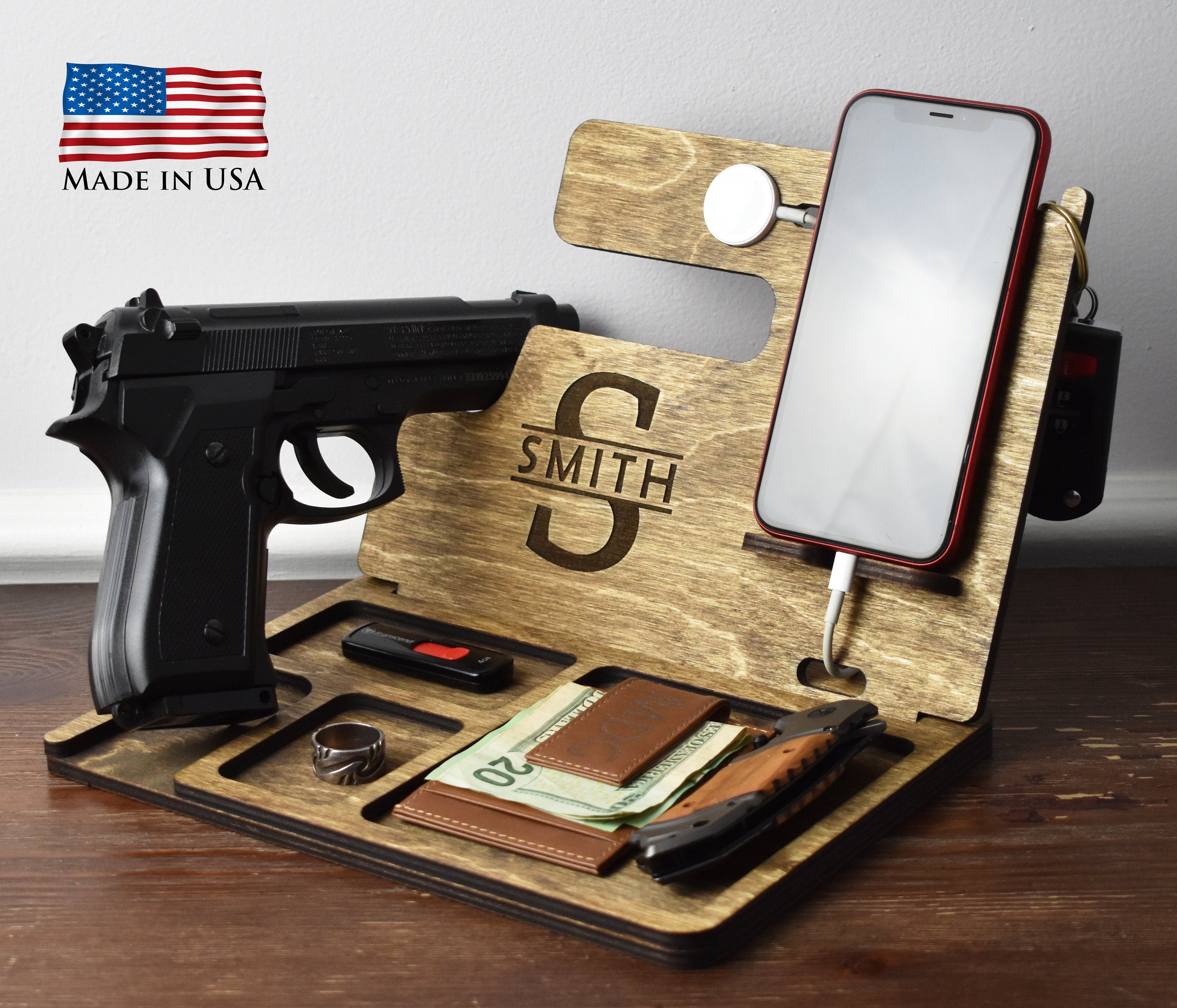 Police officer docking station, Gun holder for men, Wood docking station with gun, Docking station outlets with gun holder, Desk organization men